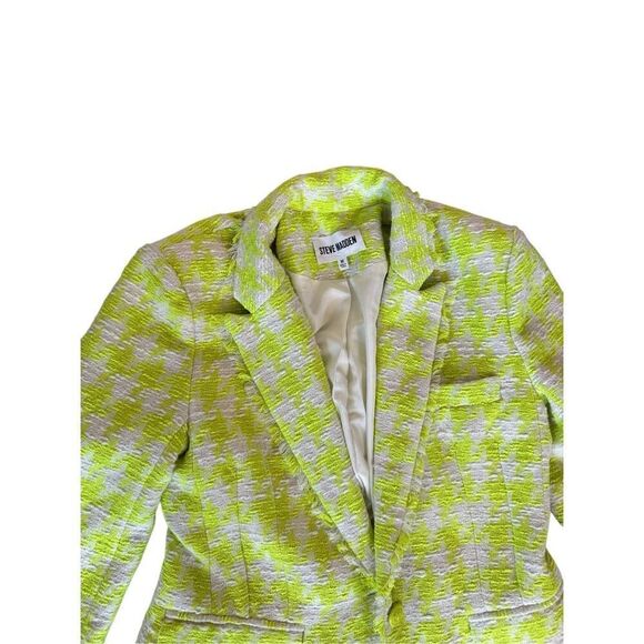 Steve Madden Harlow Womens Acid Lime Houndstooth Tweed Blazer Jacket Medium - Picture 4 of 10